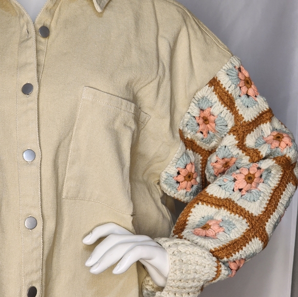 NWT Bibi Cream Crochet Sleeve Shacket Boho Cottagecore Holiday Cozy Chic Medium - Picture 2 of 12